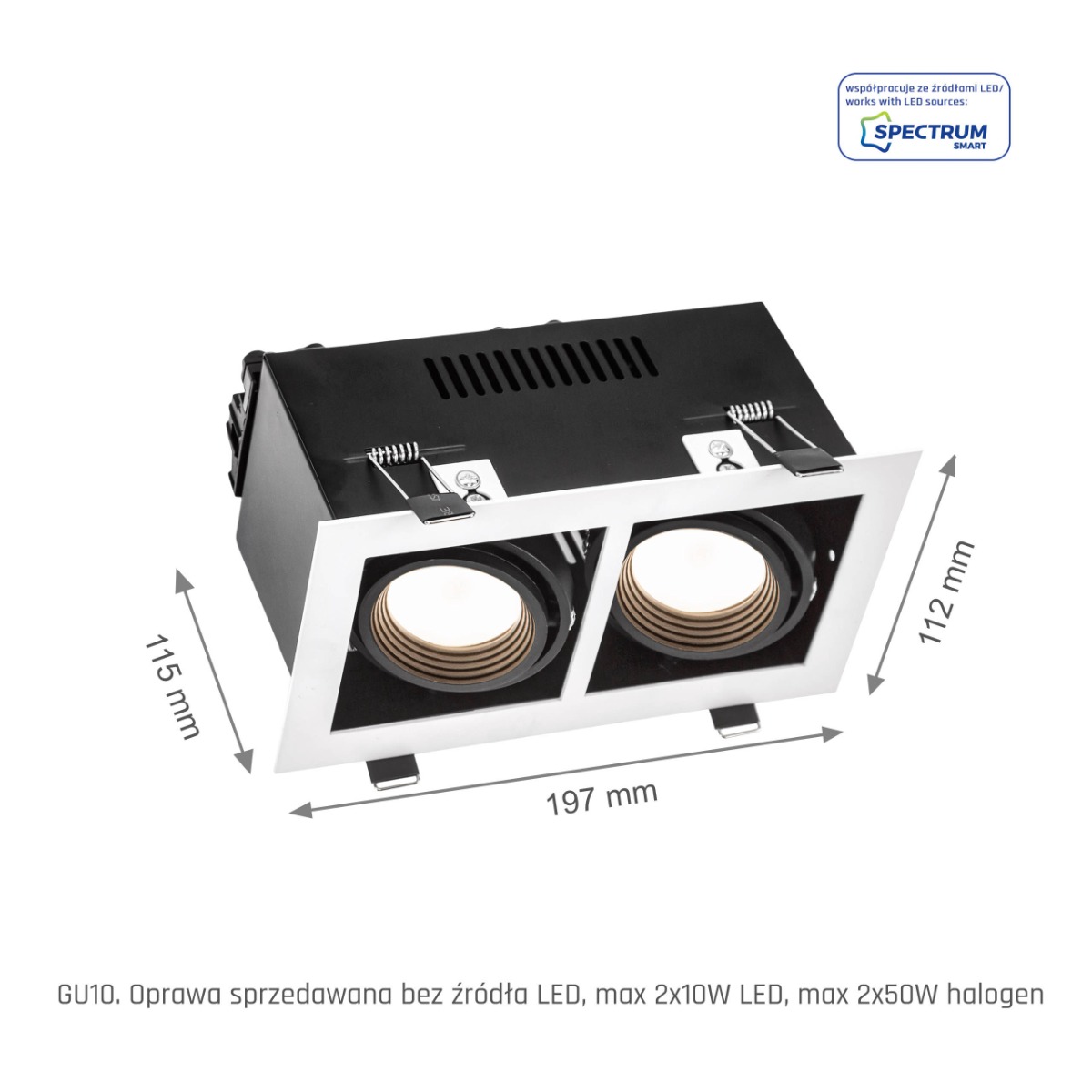 LED Spot Indbygning Mini 2 x GU10 Sort - Hvid ramme Firkantet