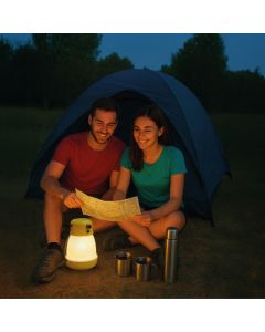 Genopladelig LED-campinglampe K3000 350 lumen med powerbank IP44