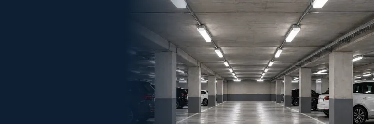 Vandtætte LED TL-armaturer i en parkeringskælder